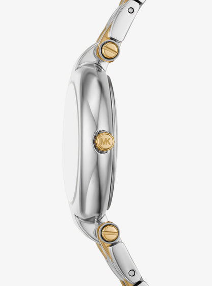 Side view of Michael Kors Charleston watch showing two-tone case and mixed metal bracelet