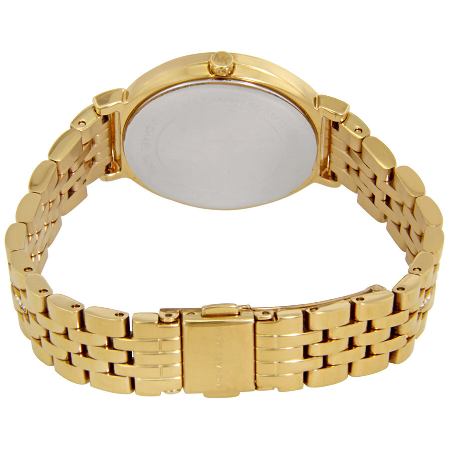 Michael Kors Cinthia watch caseback showing gold-tone stainless steel bracelet