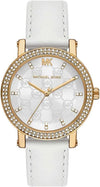 Michael Kors Corey women's watch with white mother-of-pearl dial, gold-tone case, crystal bezel, and white leather strap