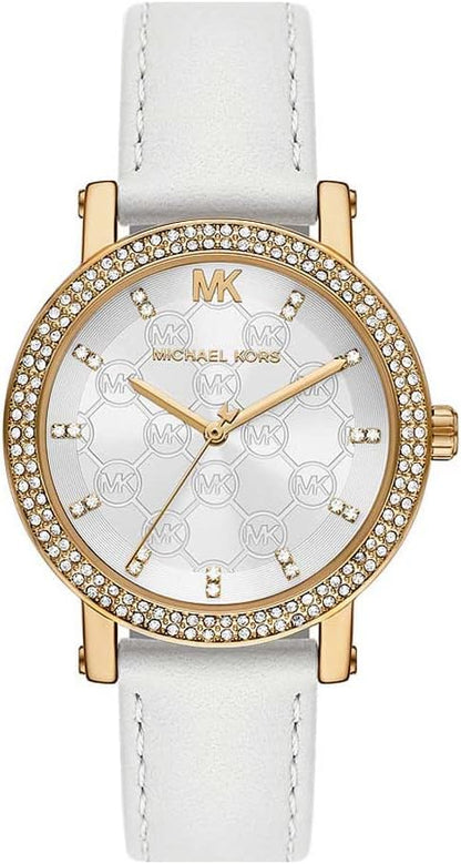 Michael Kors Corey women's watch with white mother-of-pearl dial, gold-tone case, crystal bezel, and white leather strap