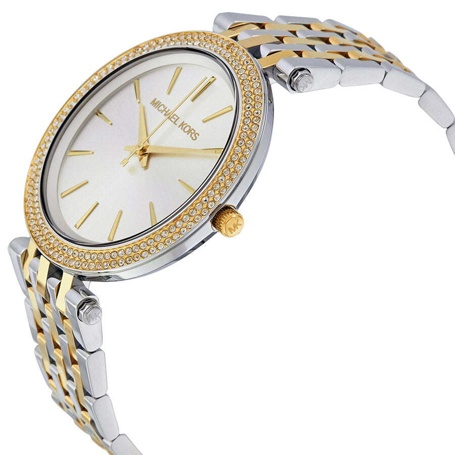 Michael Kors Darci watch angled view showing two-tone bracelet and crystal bezel