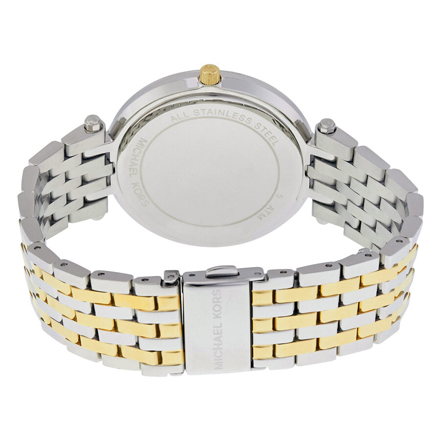 Michael Kors Darci watch caseback showing two-tone silver and gold bracelet