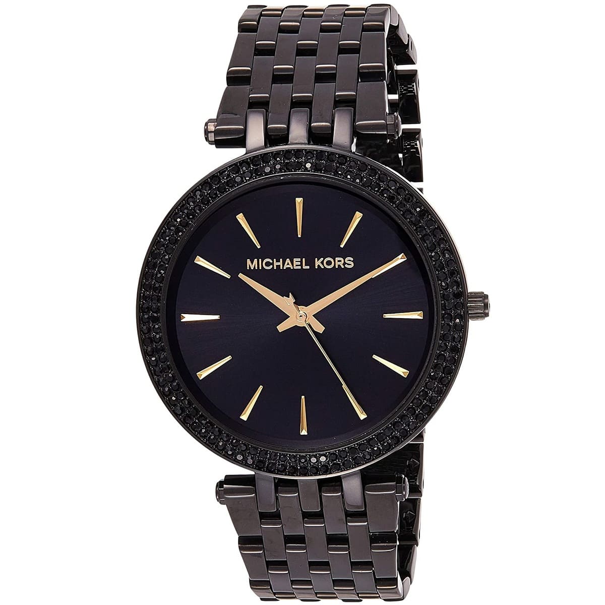 Michael Kors Darci all black women's watch with crystalized bezel and gold-tone hands