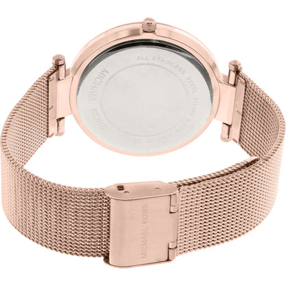 Michael Kors Darci rose gold mesh watch caseback showing stainless steel details