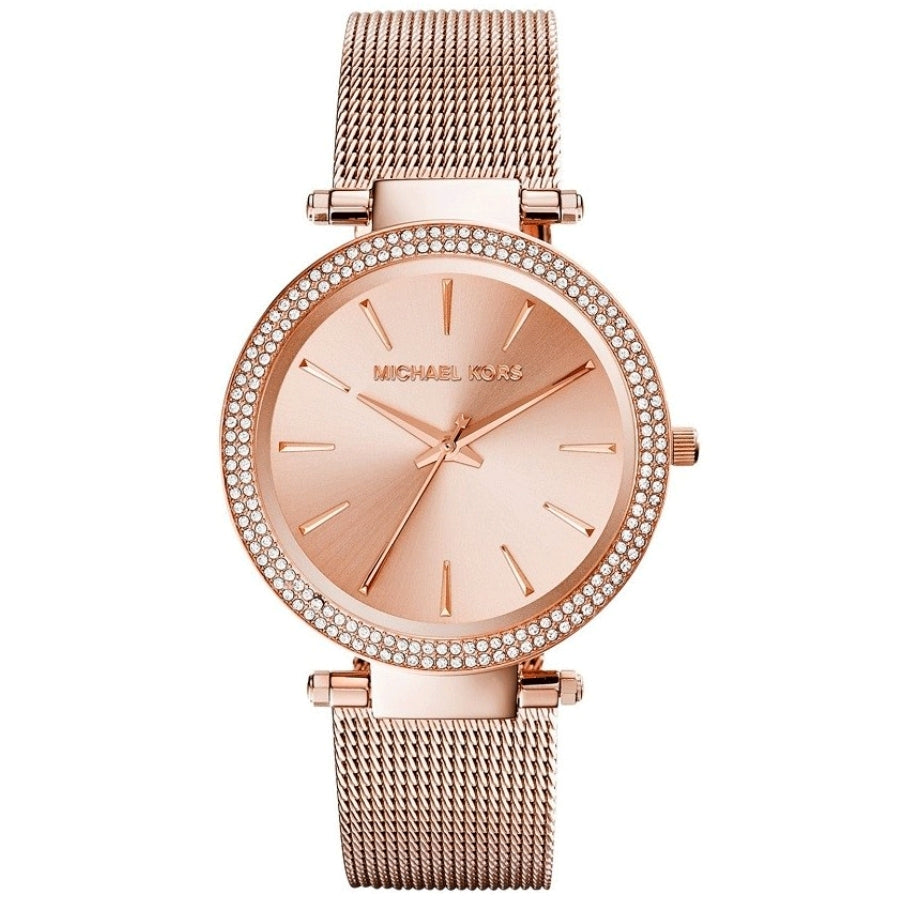 Michael Kors Darci rose gold mesh watch with crystal bezel and rose gold dial