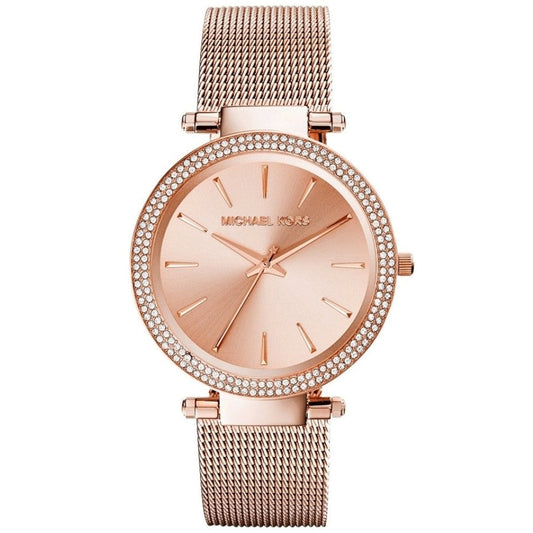 Michael Kors Darci rose gold mesh watch with crystal bezel and rose gold dial