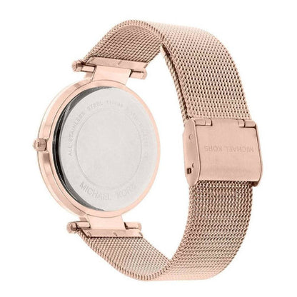 Michael Kors Darci rose gold mesh watch shown from side with caseback visible