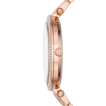 Side view of Michael Kors Darci rose gold watch showing case profile and crystal bezel