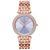 Michael Kors Darci MK3400 women's watch with purple dial, rose gold-tone case, and crystal bezel