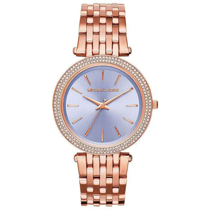 Michael Kors Darci MK3400 women's watch with purple dial, rose gold-tone case, and crystal bezel