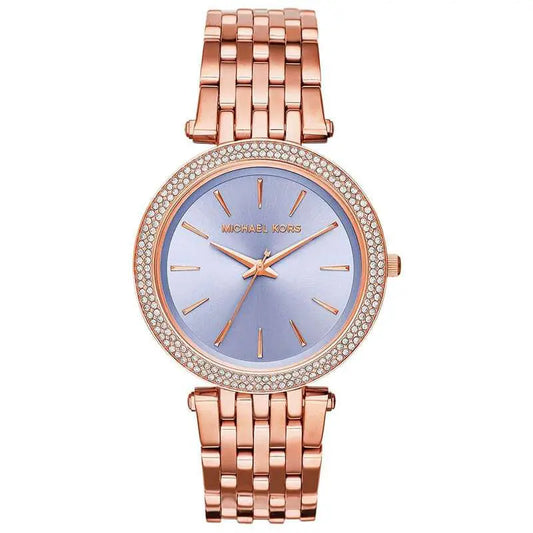 Michael Kors Darci MK3400 women's watch with purple dial, rose gold-tone case, and crystal bezel