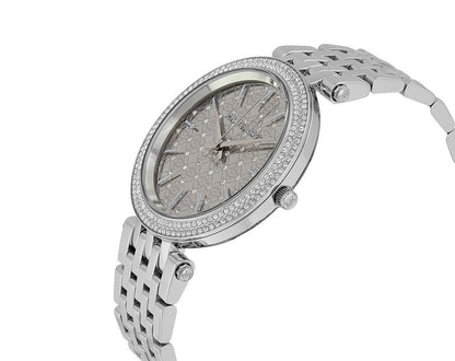 Michael Kors Darci watch angled view showing crystal bezel and bracelet