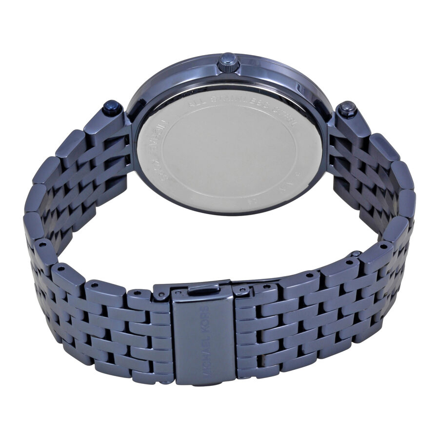 Michael Kors Darci watch caseback showing blue stainless steel bracelet and clasp