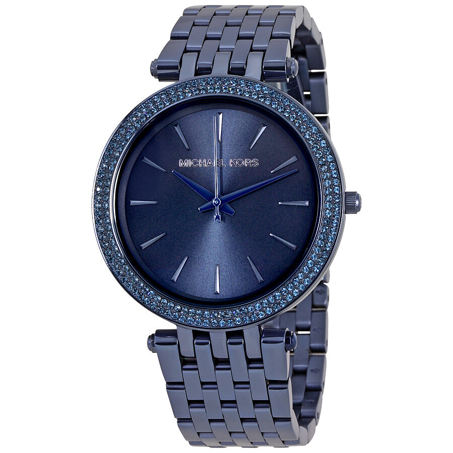 Michael Kors Darci blue sunray dial watch with crystal bezel and blue bracelet