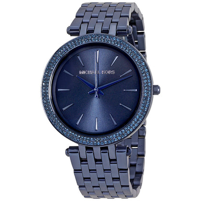 Michael Kors Darci blue sunray dial watch with crystal bezel and blue bracelet