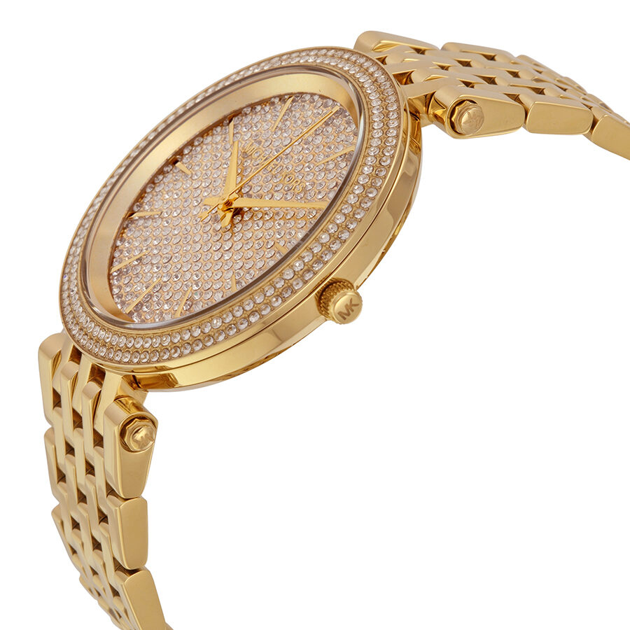 Michael Kors Darci watch side view showing gold bracelet and pave dial