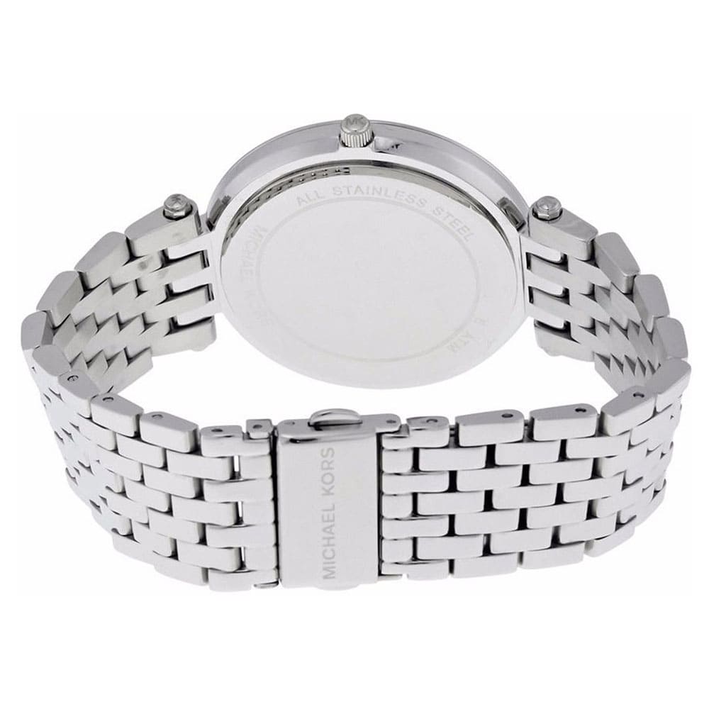 Michael Kors Darci watch caseback showing stainless steel silver-tone bracelet