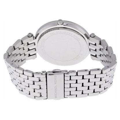 Michael Kors Darci watch caseback showing stainless steel silver-tone bracelet