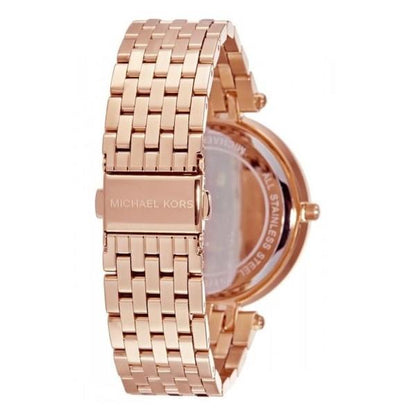 Back view of Michael Kors Darci watch showing rose gold-tone case and bracelet