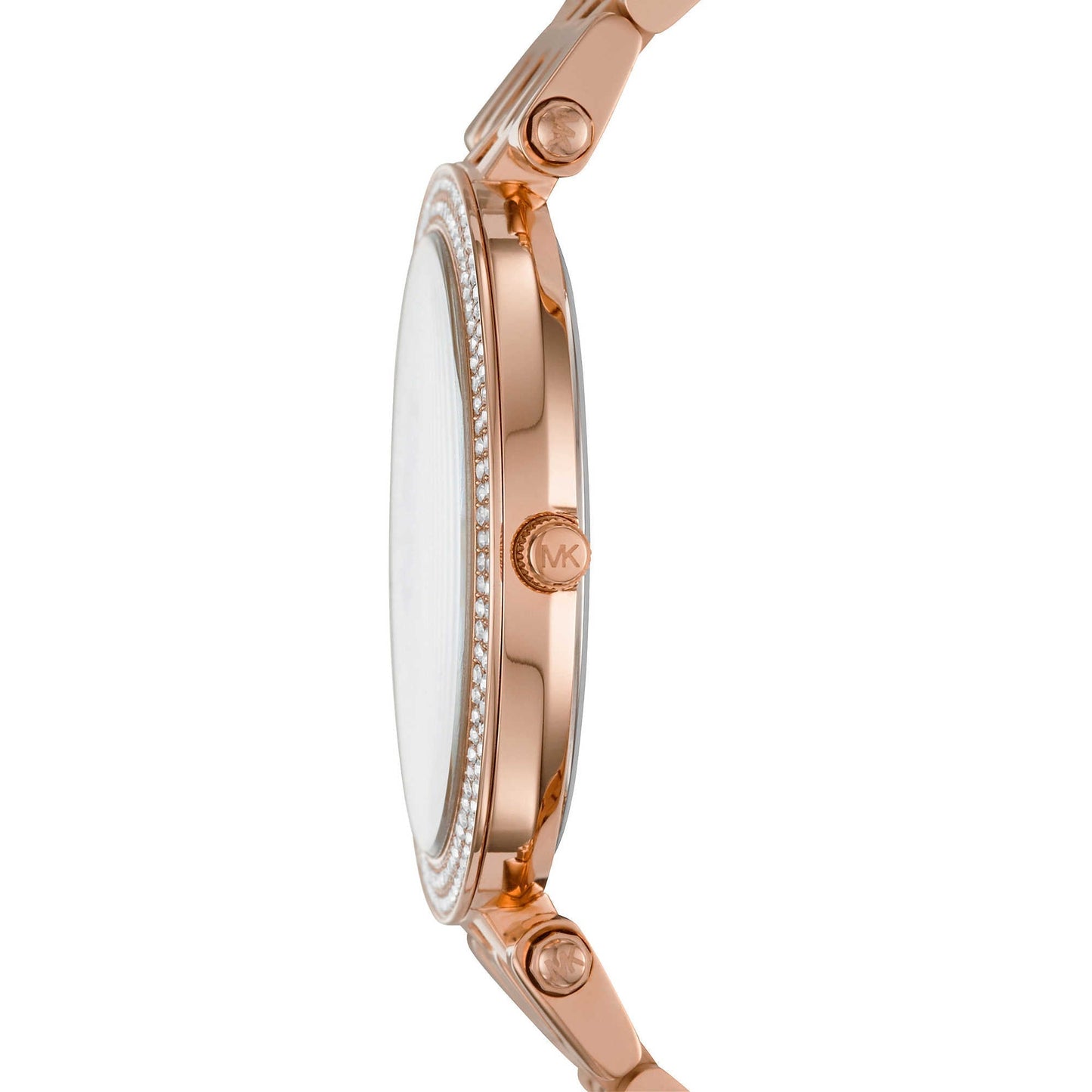 Side view of Michael Kors Darci watch showing rose gold-tone case and crystal bezel