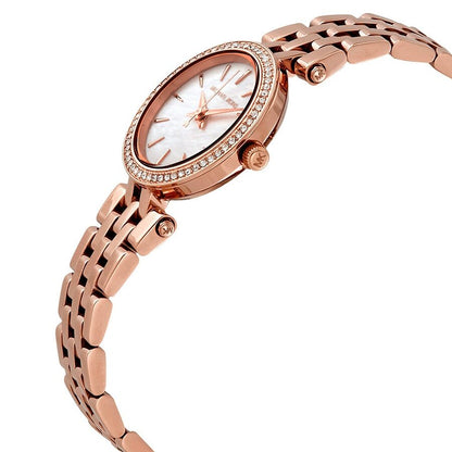 Michael Kors Darci watch angled side view showing rose-gold bracelet and white dial