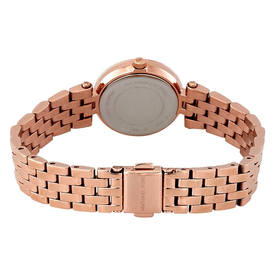 Michael Kors Darci watch caseback showing rose-gold stainless steel case and bracelet