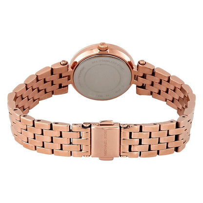 Michael Kors Darci watch caseback showing rose-gold stainless steel case and bracelet