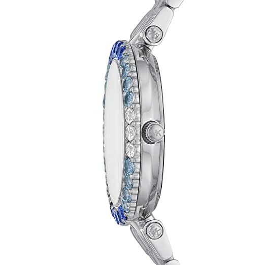 Side view of Michael Kors Darci Pave watch showing crystal bezel and stainless steel bracelet profile