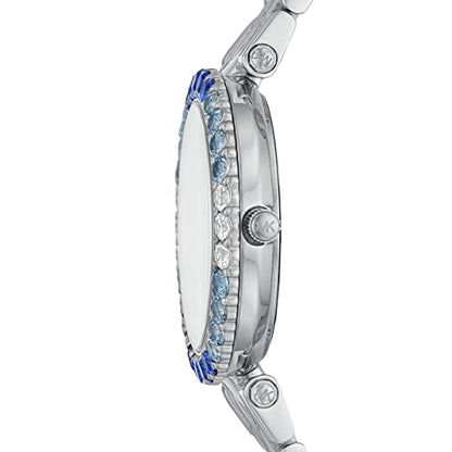 Side view of Michael Kors Darci Pave watch showing crystal bezel and stainless steel bracelet profile