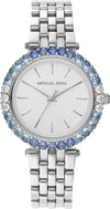 Michael Kors Darci Pave silver-tone women's watch with blue and clear crystal bezel and white dial