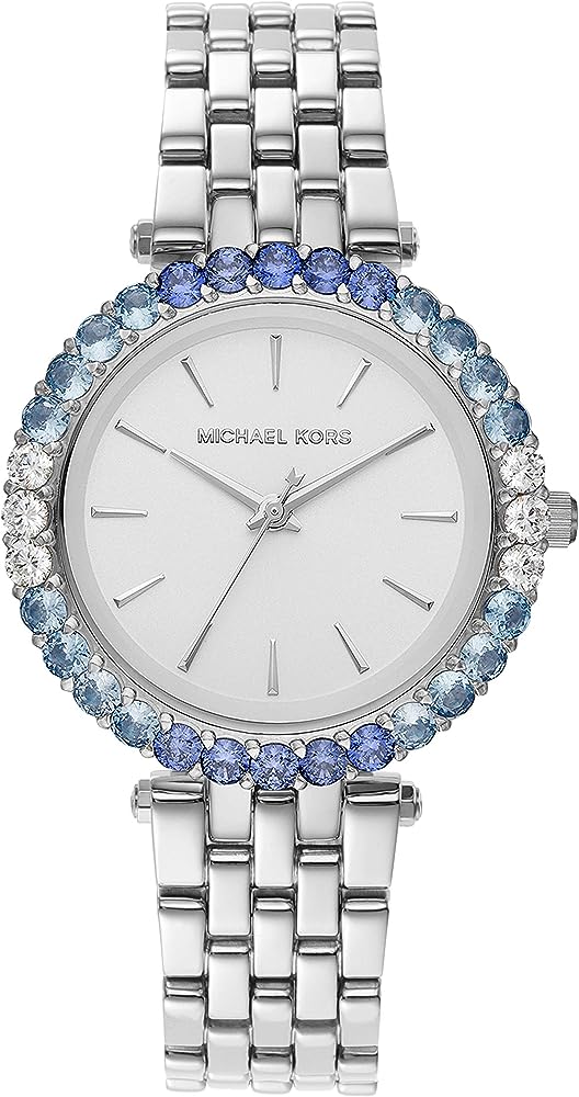 Michael Kors Darci Pave silver-tone women's watch with blue and clear crystal bezel and white dial