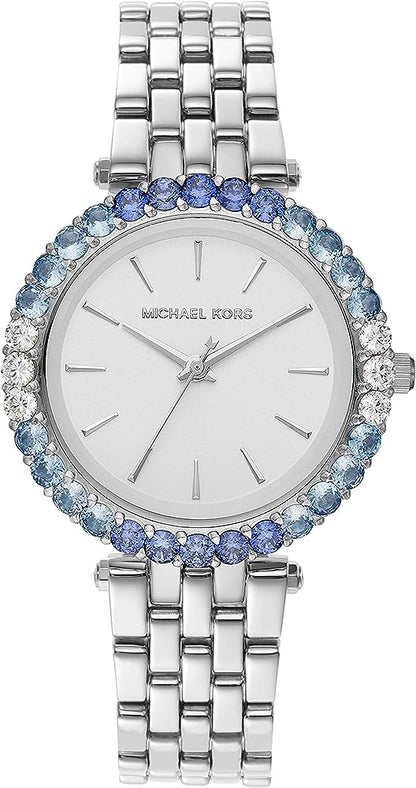 Michael Kors Darci Pave silver-tone women's watch with blue and clear crystal bezel and white dial