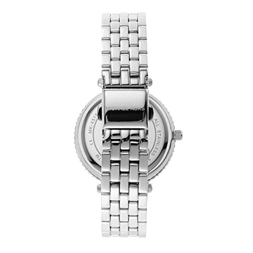 Caseback view of Michael Kors Darci watch showing crystal-set bezel and stainless steel bracelet