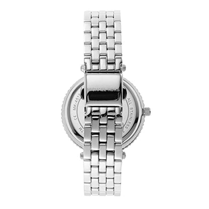 Caseback view of Michael Kors Darci watch showing crystal-set bezel and stainless steel bracelet