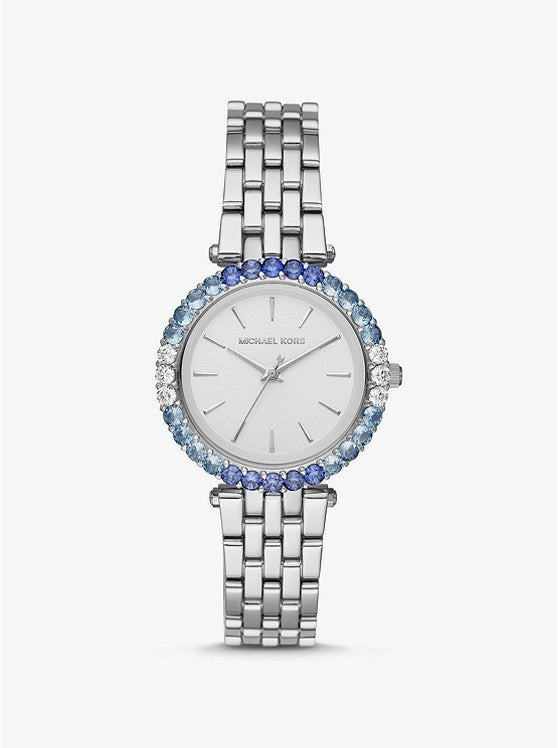 Michael Kors Darci Pave silver-tone watch displayed on wrist with crystal-set bezel and bracelet