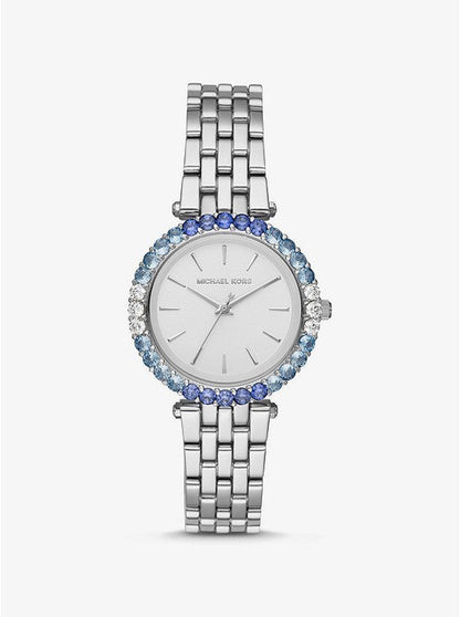 Michael Kors Darci Pave silver-tone watch displayed on wrist with crystal-set bezel and bracelet