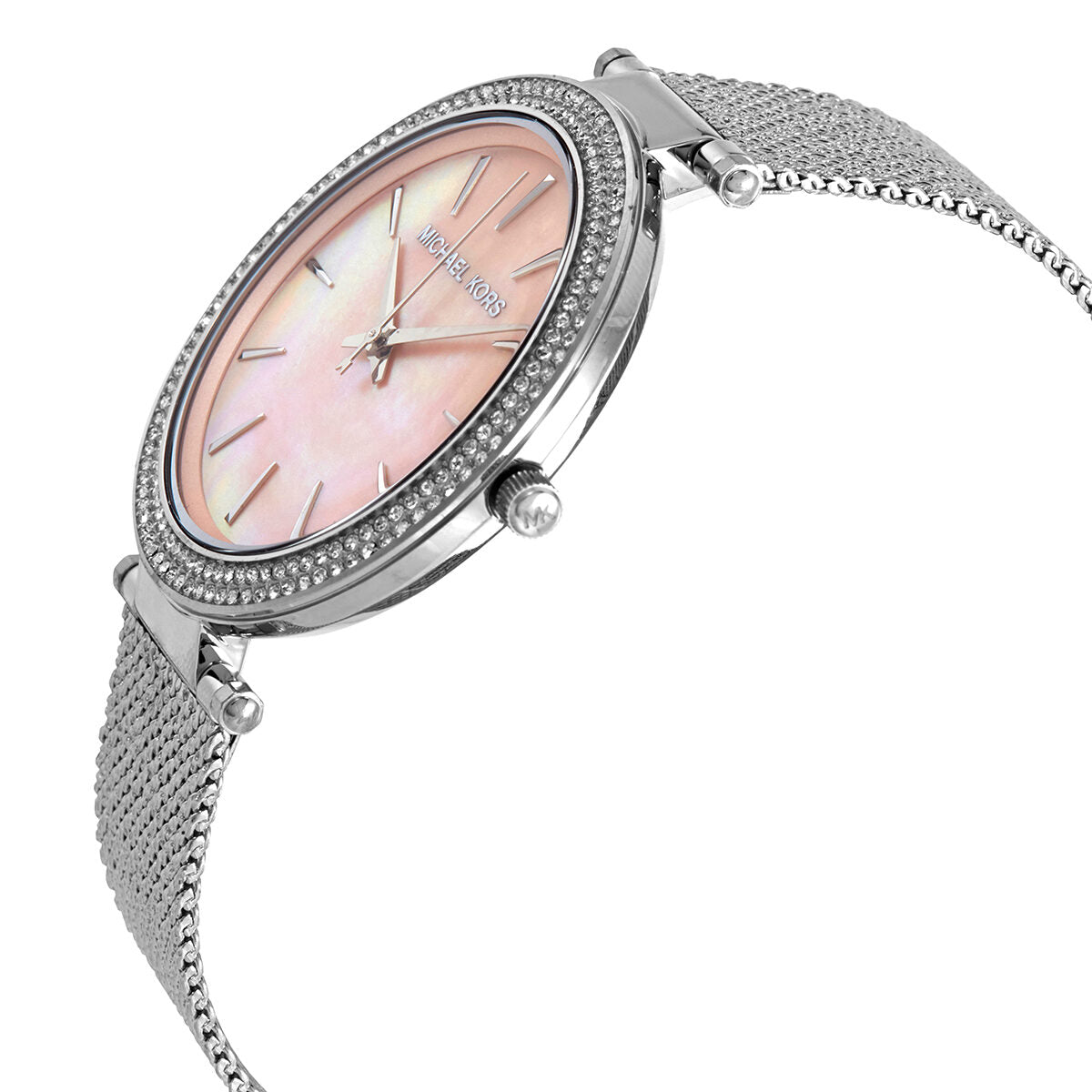 Michael Kors Darci watch angled view showing pink mother-of-pearl dial and silver mesh bracelet