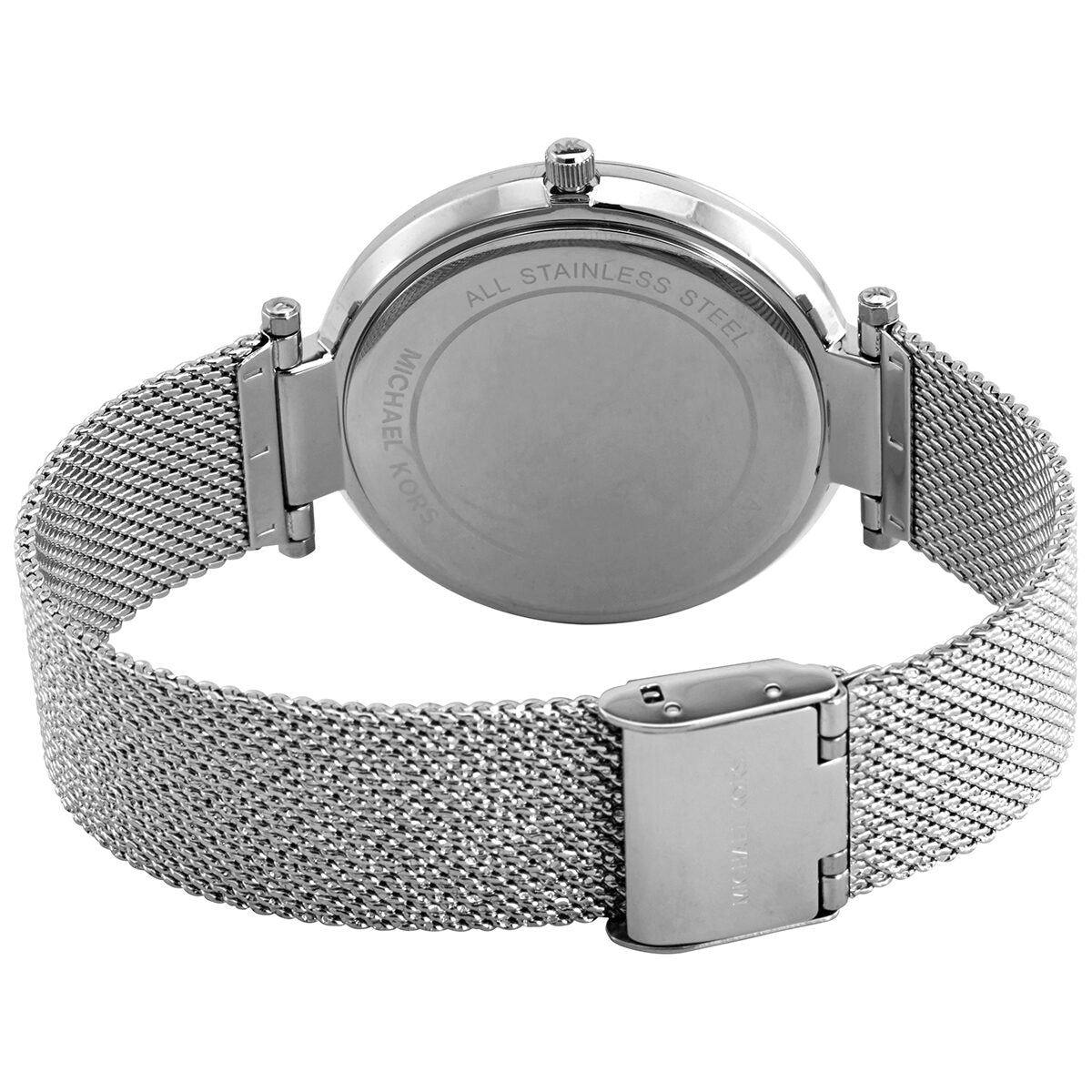 Back view of Michael Kors Darci watch showing stainless steel caseback and mesh strap