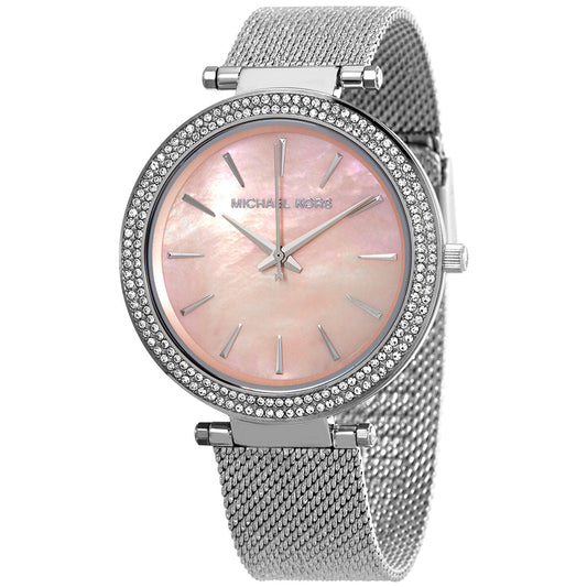 Michael Kors Darci women's watch with pink mother-of-pearl dial and crystal-set bezel on silver mesh strap