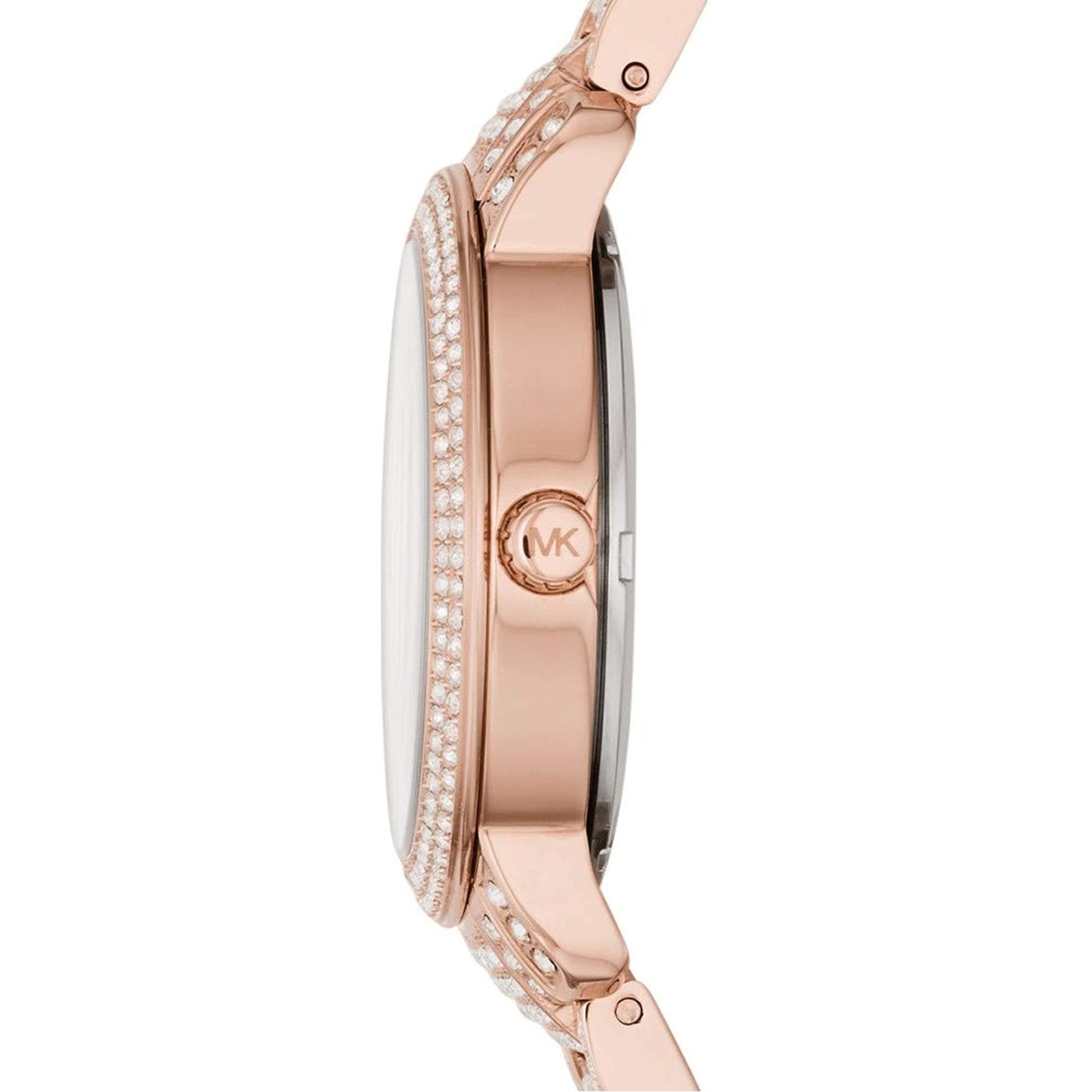 Michael Kors Darci Pave watch side profile showing rose gold case and crystal-pave bezel