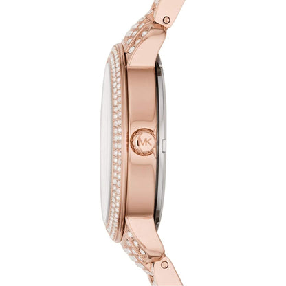 Michael Kors Darci Pave watch side profile showing rose gold case and crystal-pave bezel