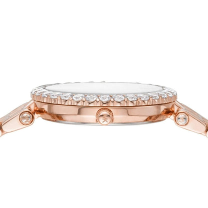 Top-down detail view of Michael Kors Darci bezel with pave crystals