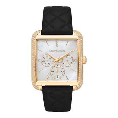 Michael Kors Drew women's watch with mother-of-pearl dial, gold-tone case, and black leather strap