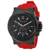 Michael Kors Dylan chronograph watch with black dial and red silicone strap, front view