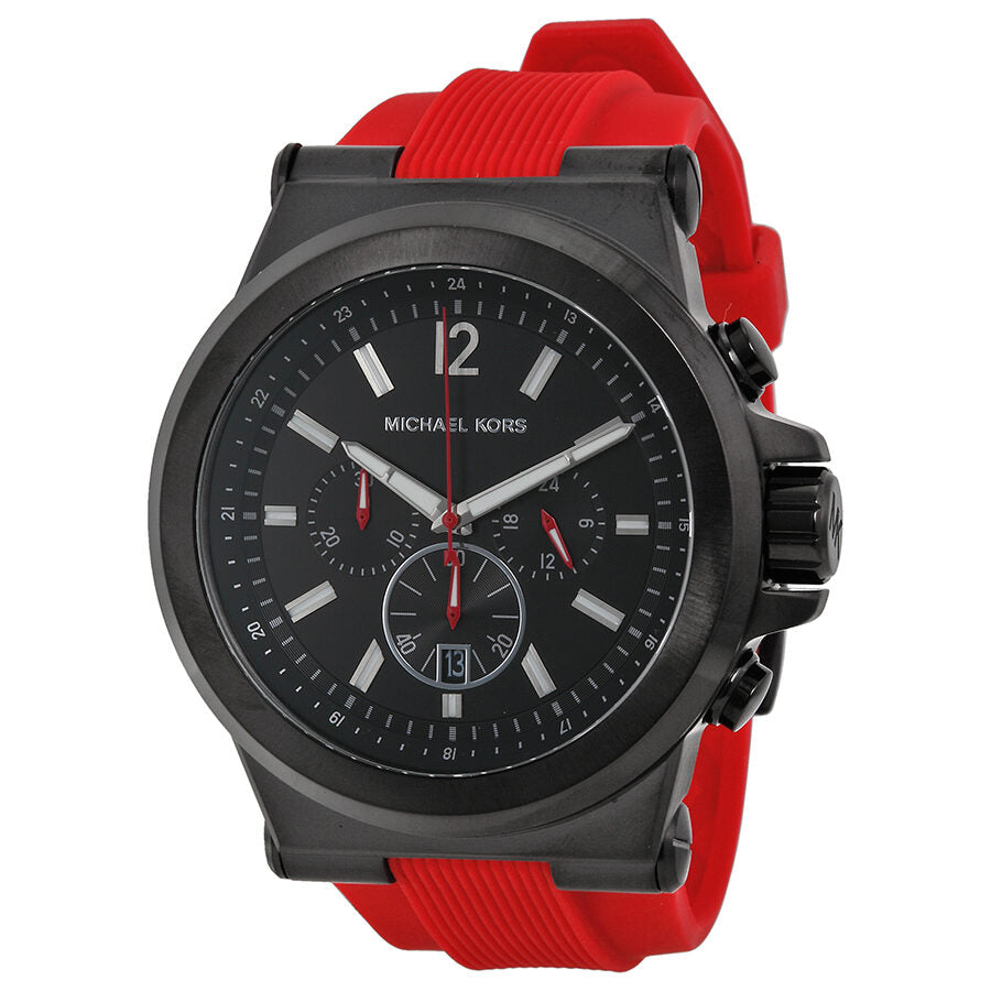 Michael Kors Dylan chronograph watch with black dial and red silicone strap, front view