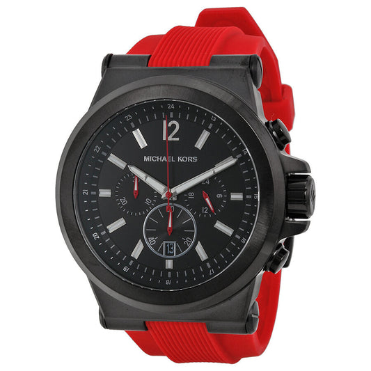 Michael Kors Dylan chronograph watch with black dial and red silicone strap, front view