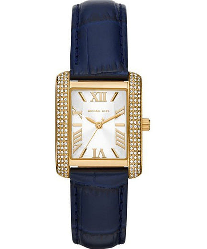 Michael Kors Emery gold-tone pavé watch with white dial and navy leather strap