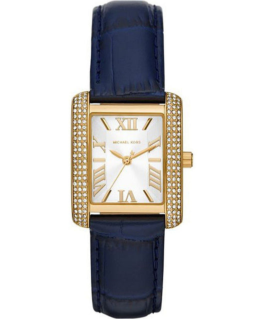 Michael Kors Emery gold-tone pavé watch with white dial and navy leather strap
