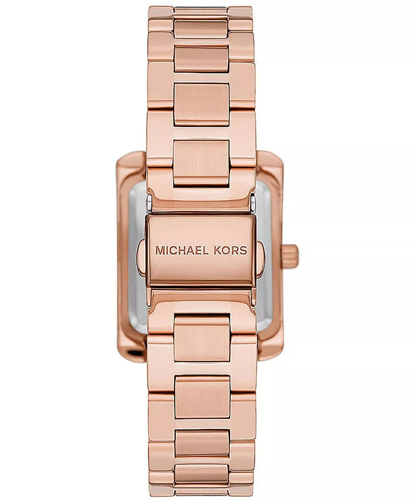 Back view of Michael Kors Emery watch showing rose gold-tone case back and link bracelet