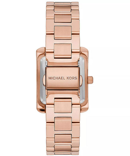 Back view of Michael Kors Emery watch showing rose gold-tone case back and link bracelet